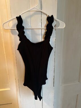 Blue Rain Black Ruffle Strap One-Piece Bodysuit